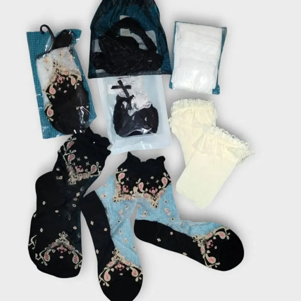 Womens Socks (7) OS Ankle Ruffle Black Sheer Floral Coquette Whimsicore Princess